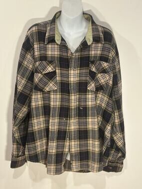 Vintage 90s Pine Grove Plaid Heavy Flannel Overshirt Blue Yellow Distressed L